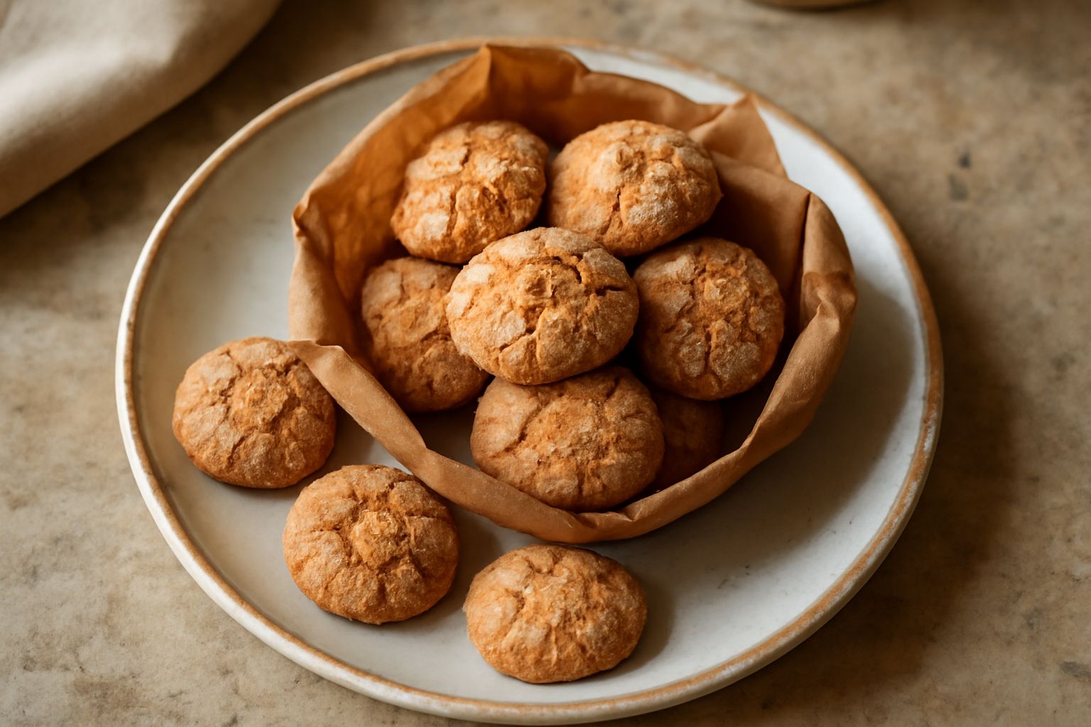 Biscotti amaretti tondi e dorati, leggermente gonfi, con superficie screpolata e zucchero semolato visibile, disposti in carta marrone arricciata tipo cuoppo su un piatto bianco
