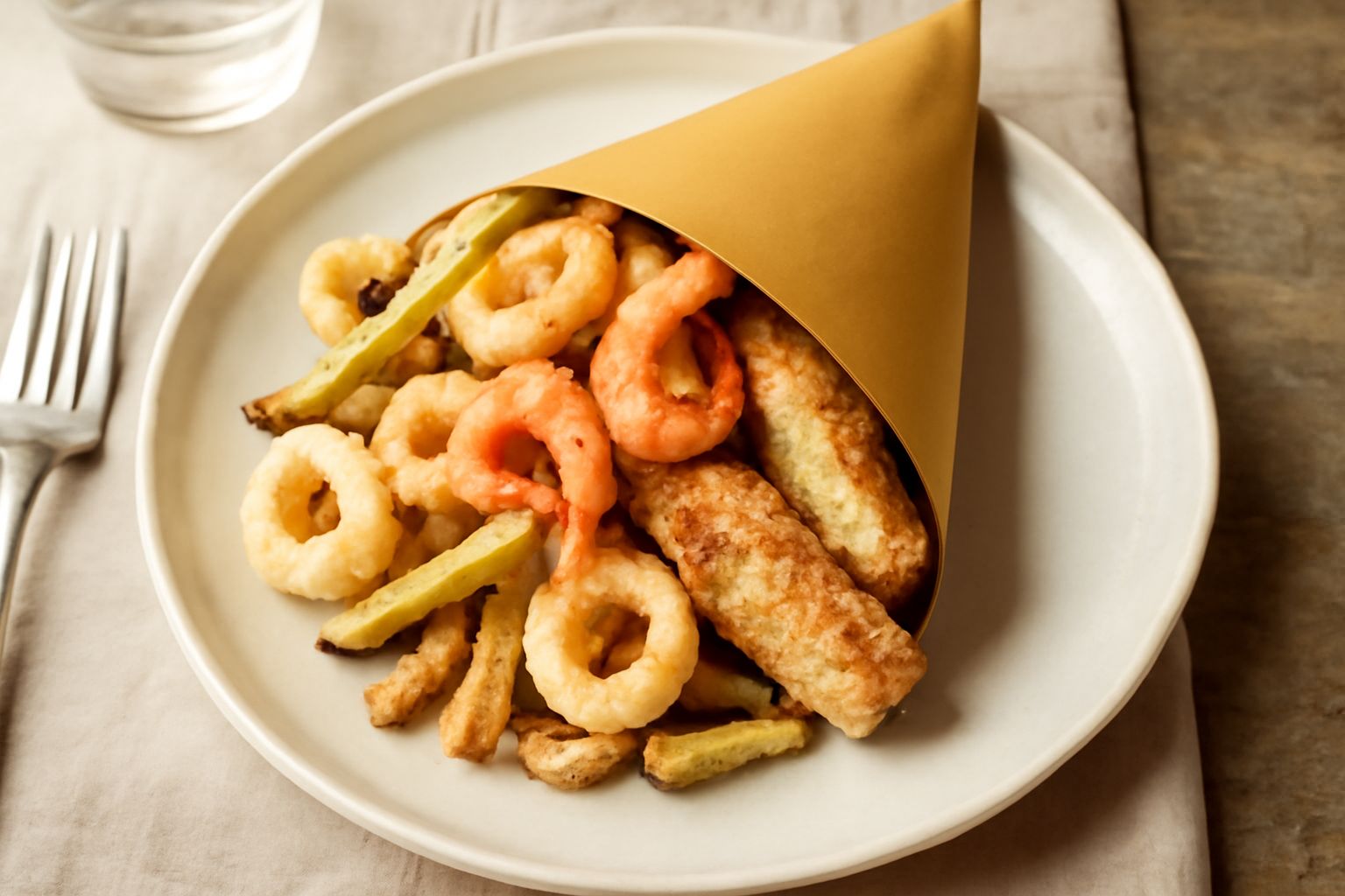 Cuoppo di carta con fritture miste dorate e croccanti: calamari, gamberi, filetti di pesce, bastoncini di melanzana e zucchina, cosparsi di sale grosso, visti dall'alto su fondo bianco