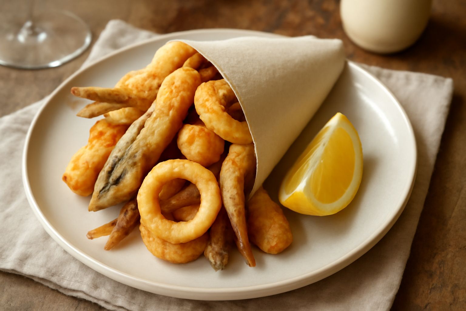 Cuoppo di carta bianca pieno di pesce fritto dorato e croccante, con spicchi di limone fresco e sale grosso sparse in superficie, fondo bianco