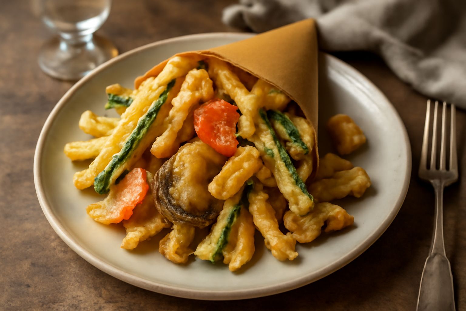 Un cartoccio di carta bianca pieno di verdure fritte dorate e croccanti, melanzane e zucchine tagliate a strisce, patate, con sale grosso sparso sopra
