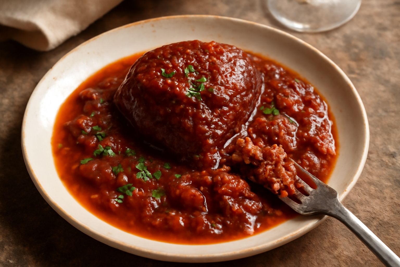 Cuore d'abbacchio in umido servito in piatto bianco fondo, immerso in sugo rosso-marrone denso con pomodori ammorbiditi, prezzemolo verde fresco sopra, contorno di patate bianche cotte a dadini ai lat