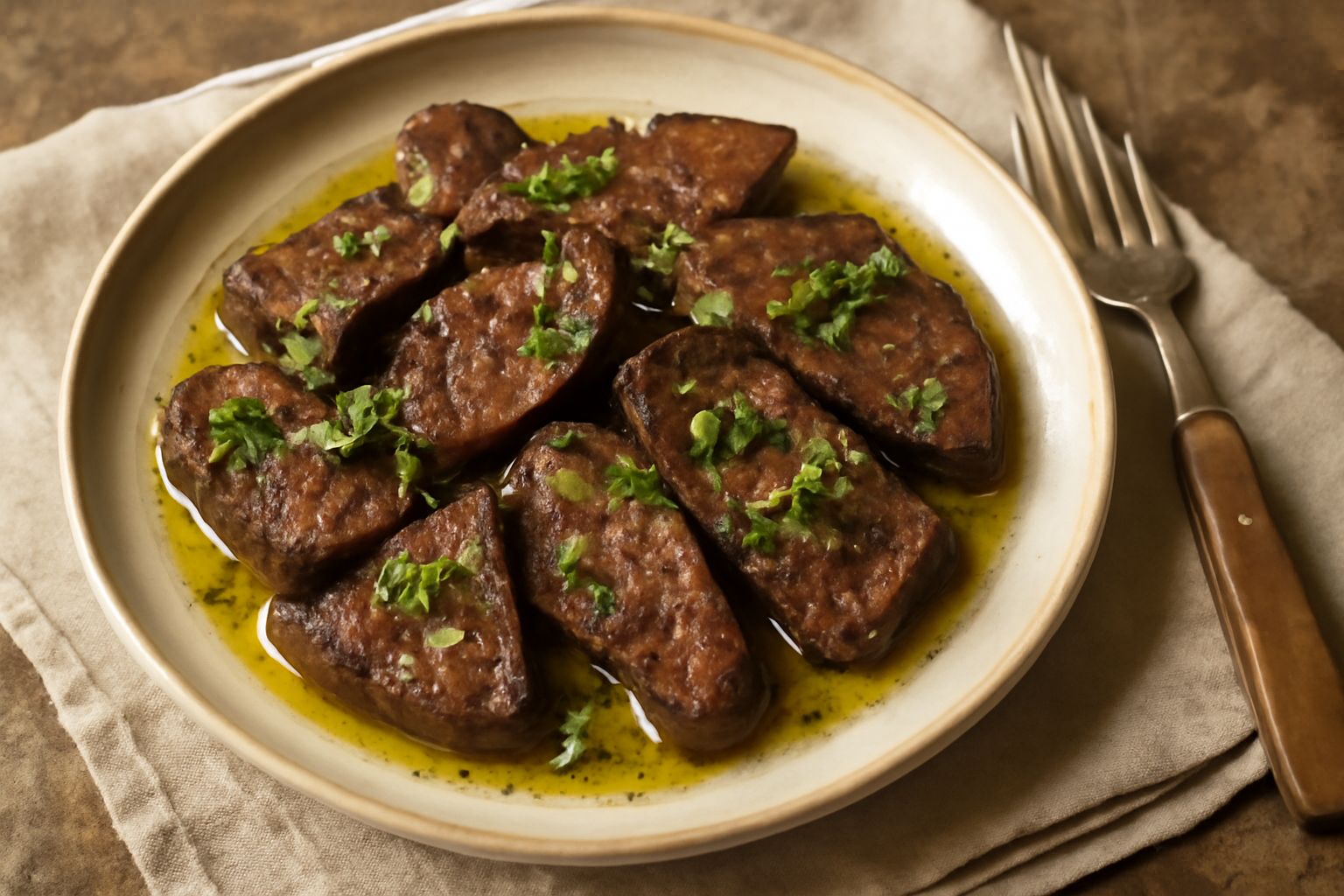 Cuore di bue a fette su un piatto bianco con marinatura a base di olio, aceto rosso e erbe fresche, con cipolla rossa affettata intorno