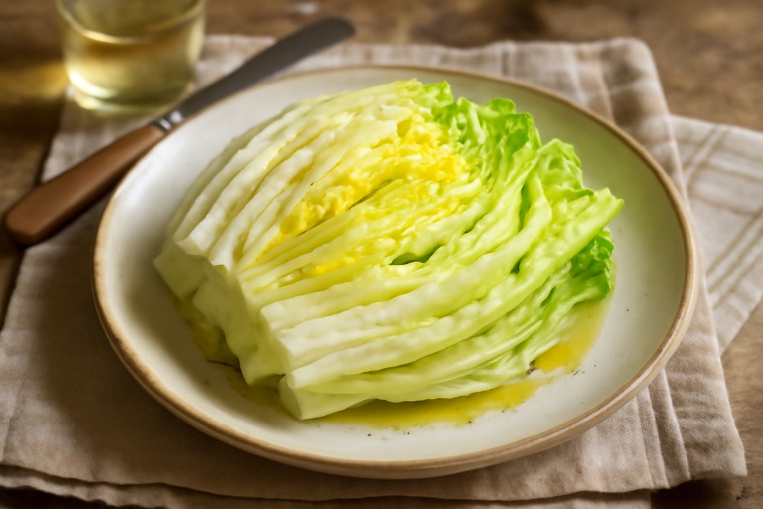 Piatto bianco con cuore di lattuga tagliato a strisce sottili, condito con olio di oliva, gocce di limone fresco e granelli di sale marino, posto su un tavolo in legno chiaro