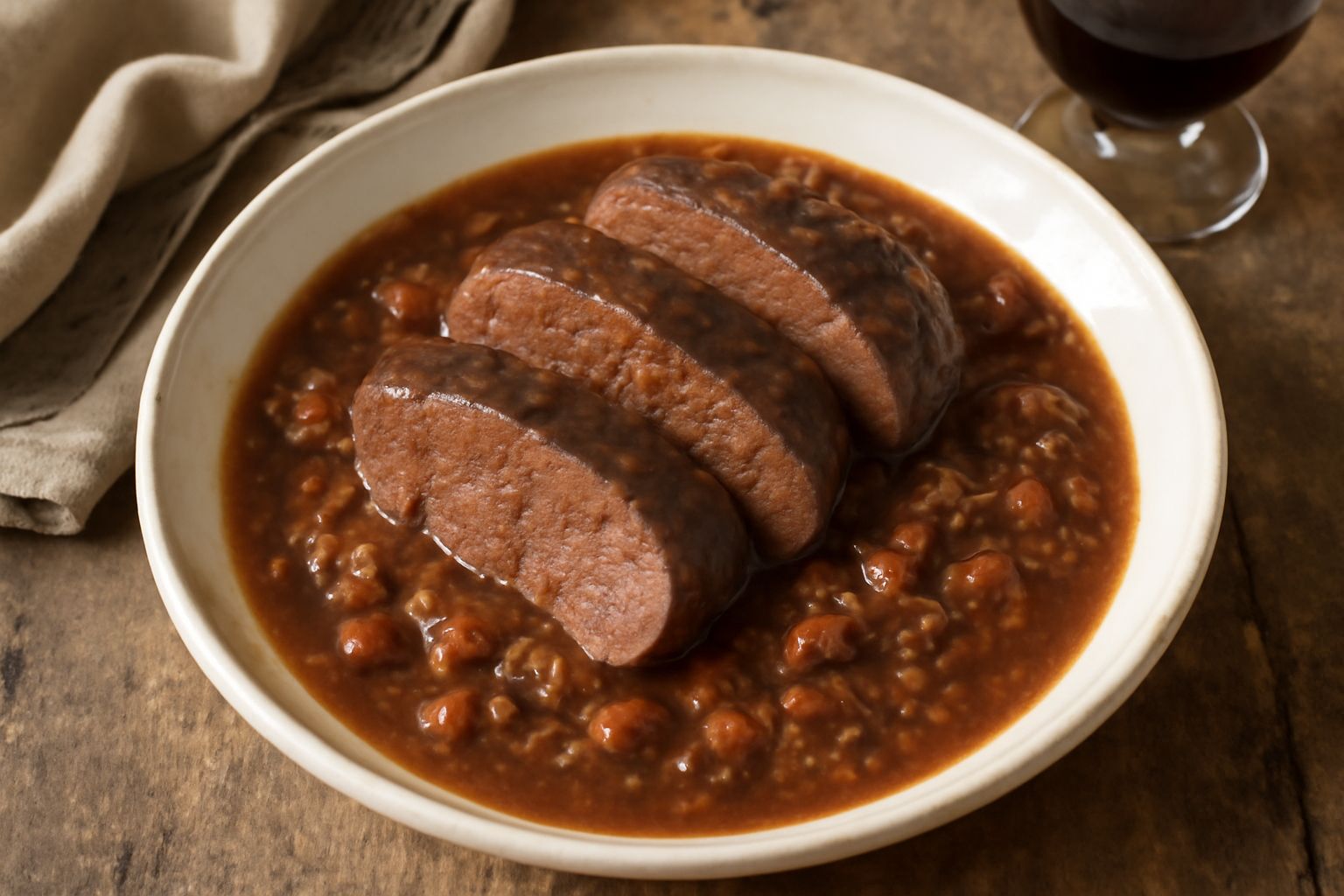 Cuore di manzo stufato affettato in un piatto bianco, con salsa marrone scura e lucente, decorato con erbe aromatiche, accompagnato da puré di patate sullo sfondo
