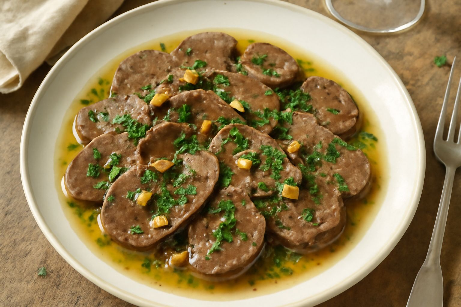 Cuore di manzo trifolato servito in un piatto bianco, fettine di carne marrone scuro con salsa lucida, aglio e prezzemolo fresco verde, contorno di patate o insalata al lato