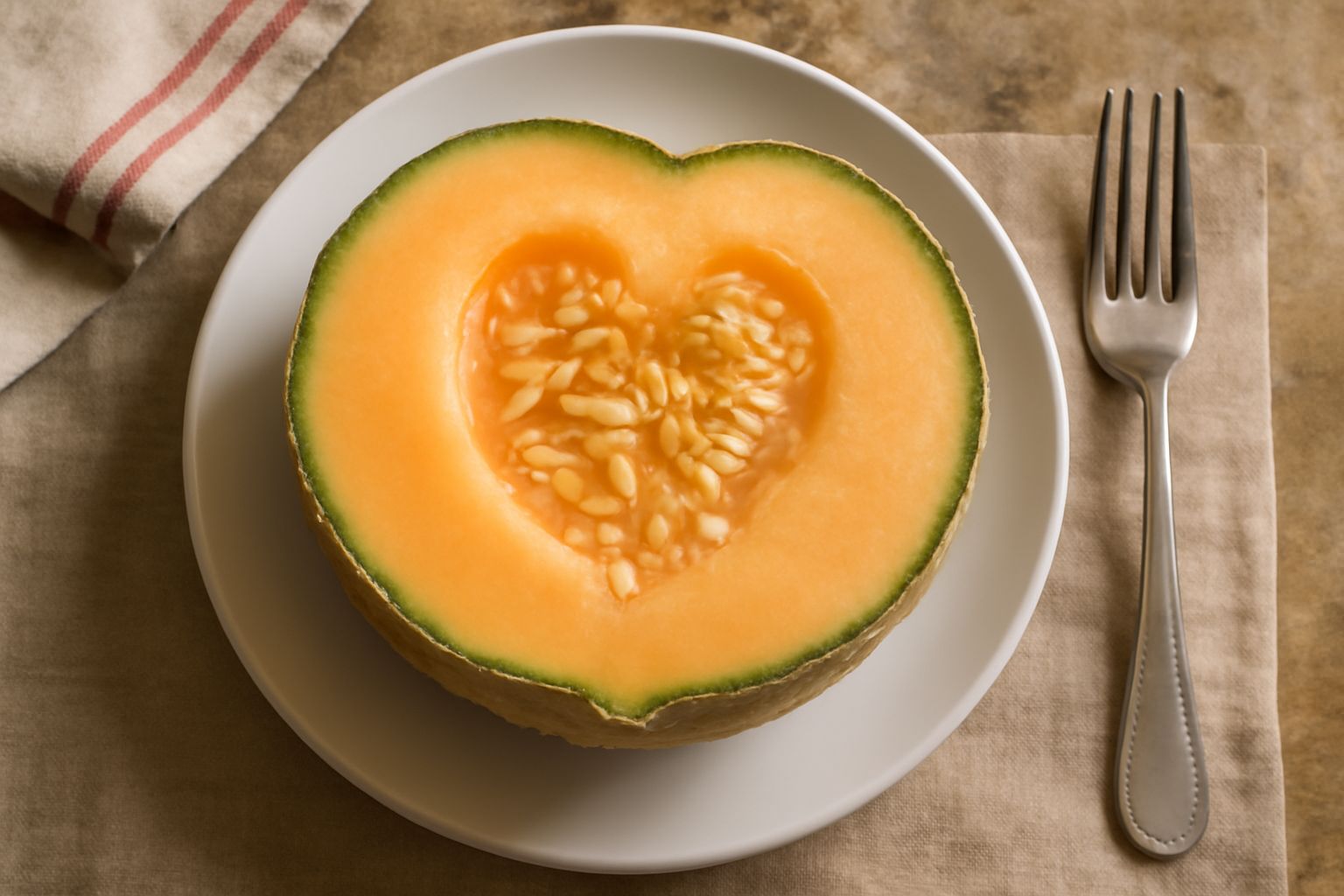 Fette di melone fresco con il cuore cremoso e zuccherino al centro, colore arancione chiaro, semi visibili, servito in un piatto bianco con ghiaccio