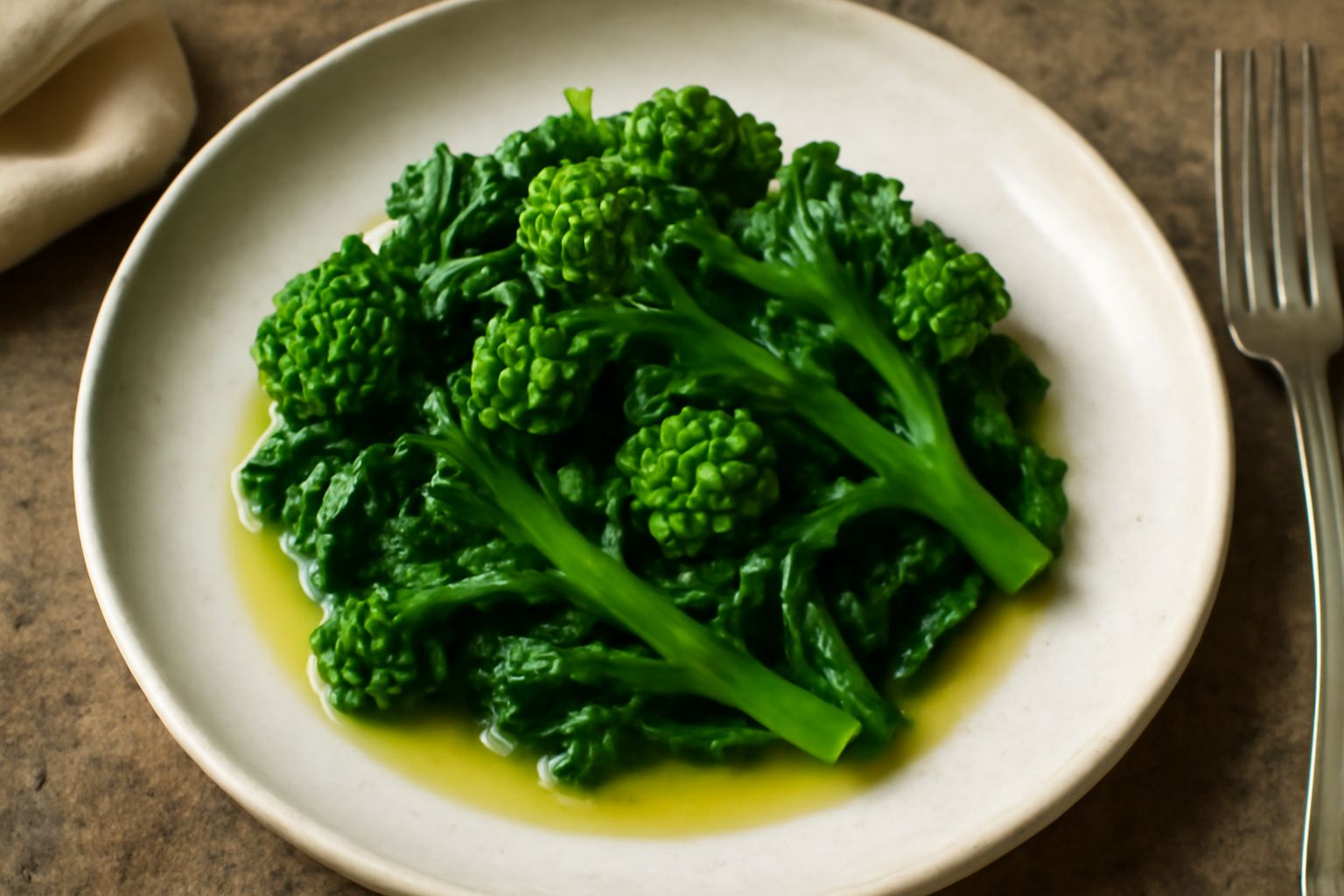 Piatto di cuore di rapa selvatica cotto, di colore verde brillante, condito con olio e aglio, garnito con fette di limone fresco, con un contorno di pane tostato color nocciola