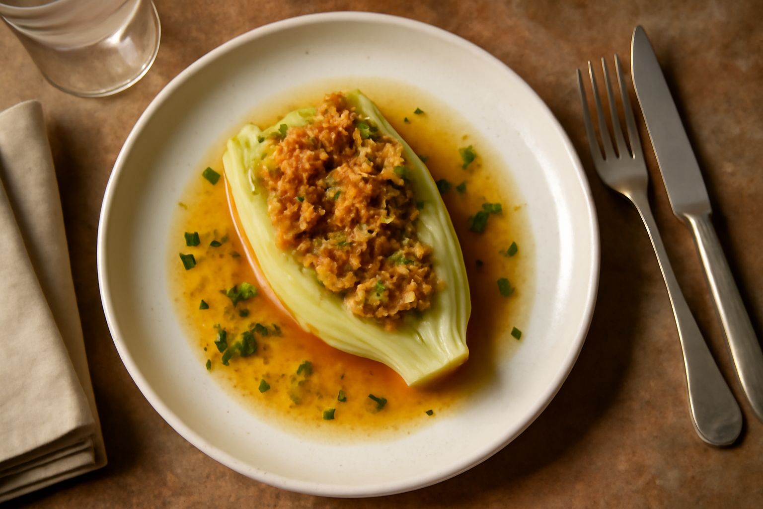 Cuori di sedano tagliati a metà e riempiti di una farcia bianca cremosa, disposti su un piatto bianco con foglie di sedano verde attorno e una leggera spruzzata di pepe nero