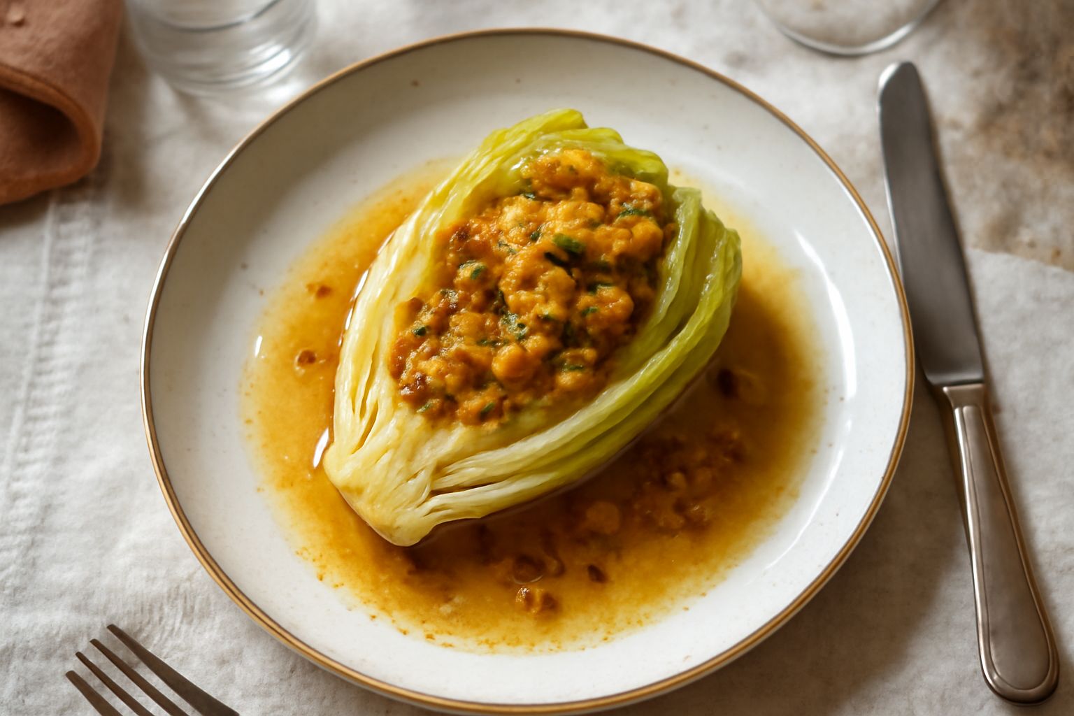 Cuori di sedano riempiti di un composto beige di ricotta e verdure, disposti in una pirofila bianca, con il ripieno visibile che fuoriesce dai gambi verdastri, sfondo di cucina naturale