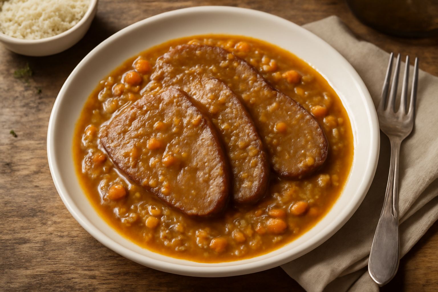Cuore di vitello affettato su un piatto bianco, ricoperto da salsa marrone con verdure soffritte, accompagnato da contorno di patate o polenta