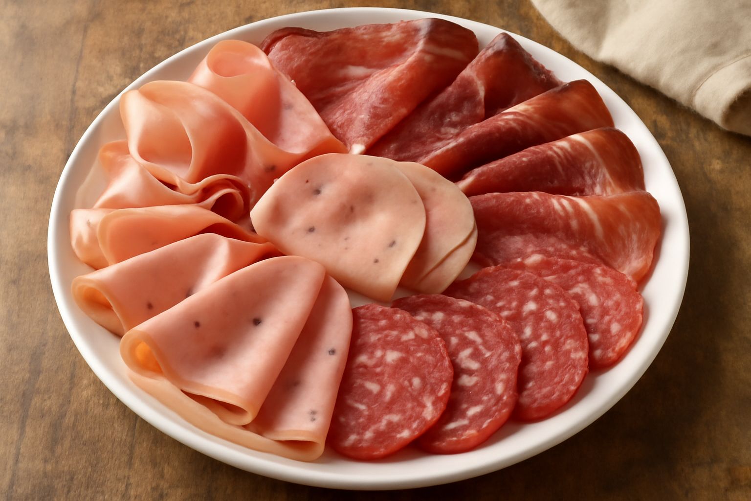 Tagliere di legno con affettati rossi, rosa e bianchi disposti a ventaglio, mortadella con pepe visibile, prosciutto crudo traslucido, speck affumicato, accompagnati da olive verdi e pane tostato