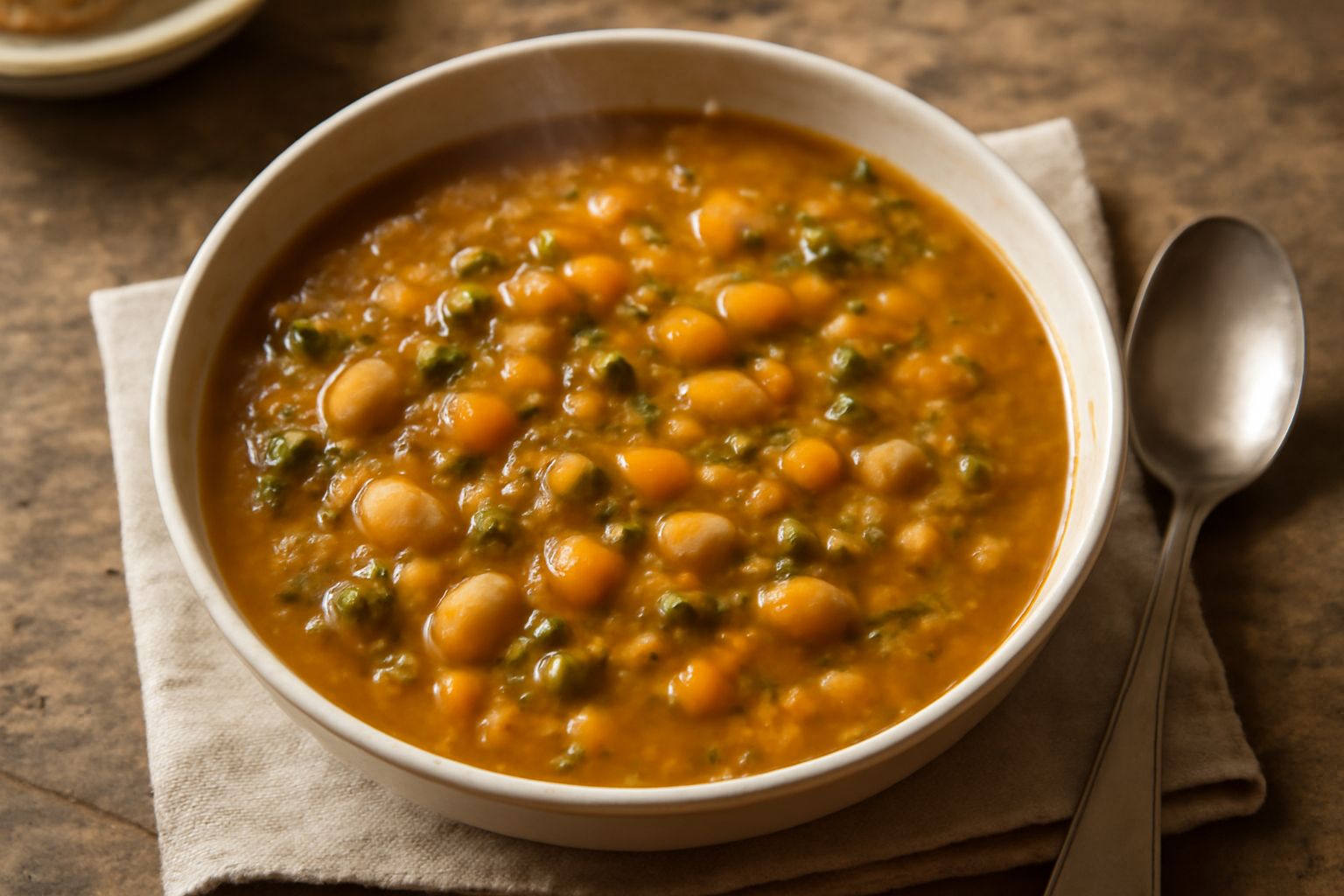 Minestra di curtefranca in un piatto bianco fondo, con verdure tagliate a pezzetti, fagioli bianchi visibili tra il brodo caldo, prezzemolo verde fresco in superficie, servita su tavolo di legno