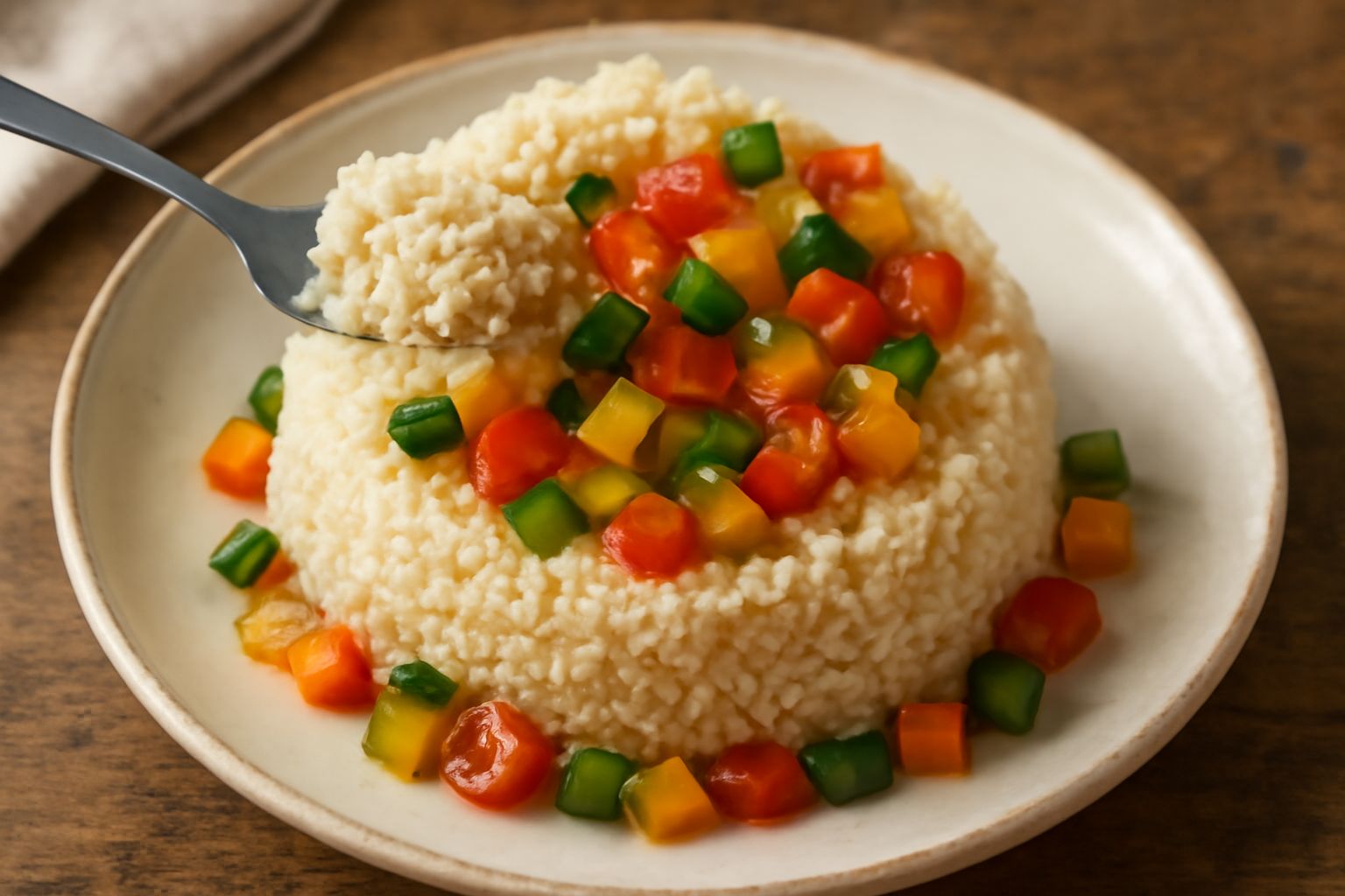 Cuscus bianco e soffice in un piatto fondo di ceramica, condito con verdure tagliate a dadini (zucchina gialla, peperoni rossi, pomodorini), cipolla soffritti e prezzemolo fresco, vapore ancora visibi