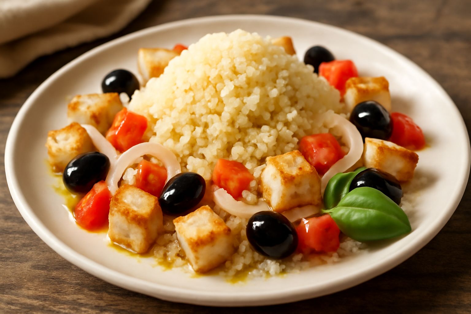 Cuscus bianco e leggero in un piatto fondo bianco, condito con pezzi di pesce spada rosa, pomodori rossi, basilico fresco verde, olive nere, cipolla bianca affettata e un filo di olio d'oliva brillant