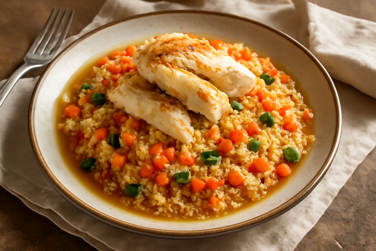 Piatto di cuscus bianco-beige con filetti di pesce bianco, zucchine grigie, carote e pomodori freschi, ciotola di brodo a lato, su fondo di lino naturale