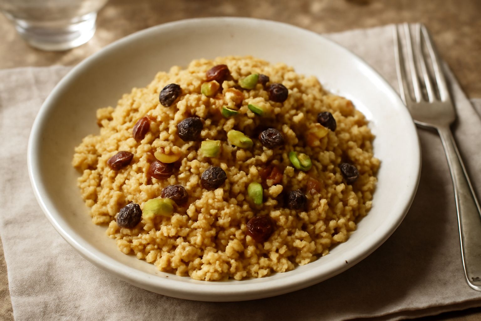 Cuscus dolce color ambra servito in una ciotola bianca, con granelli separati e visibili, decorato in cima con mandorle tostate e uvetta scura, accanto un cucchiaio di legno