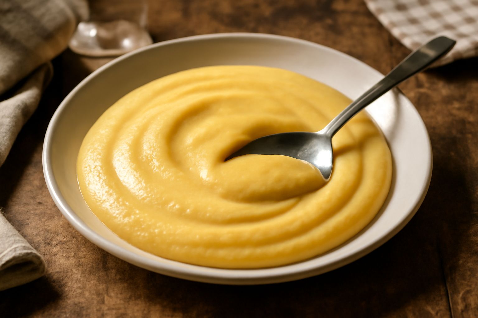 Custard cremoso di colore giallo chiaro in una ciotola bianca, servito con un cucchiaio d'argento, una striscia di scorza di limone gialla in superficie, sfondo neutro