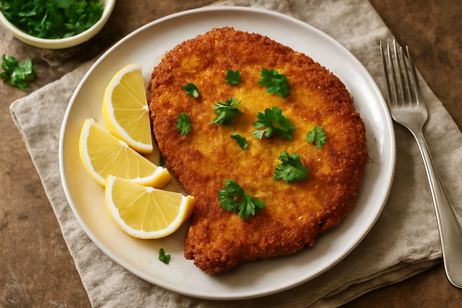 Cotoletta dorata e croccante servita nel piatto bianco, spolverata di prezzemolo fresco tritato, accompagnata da spicchi di limone giallo e contorno di verdure grigliate