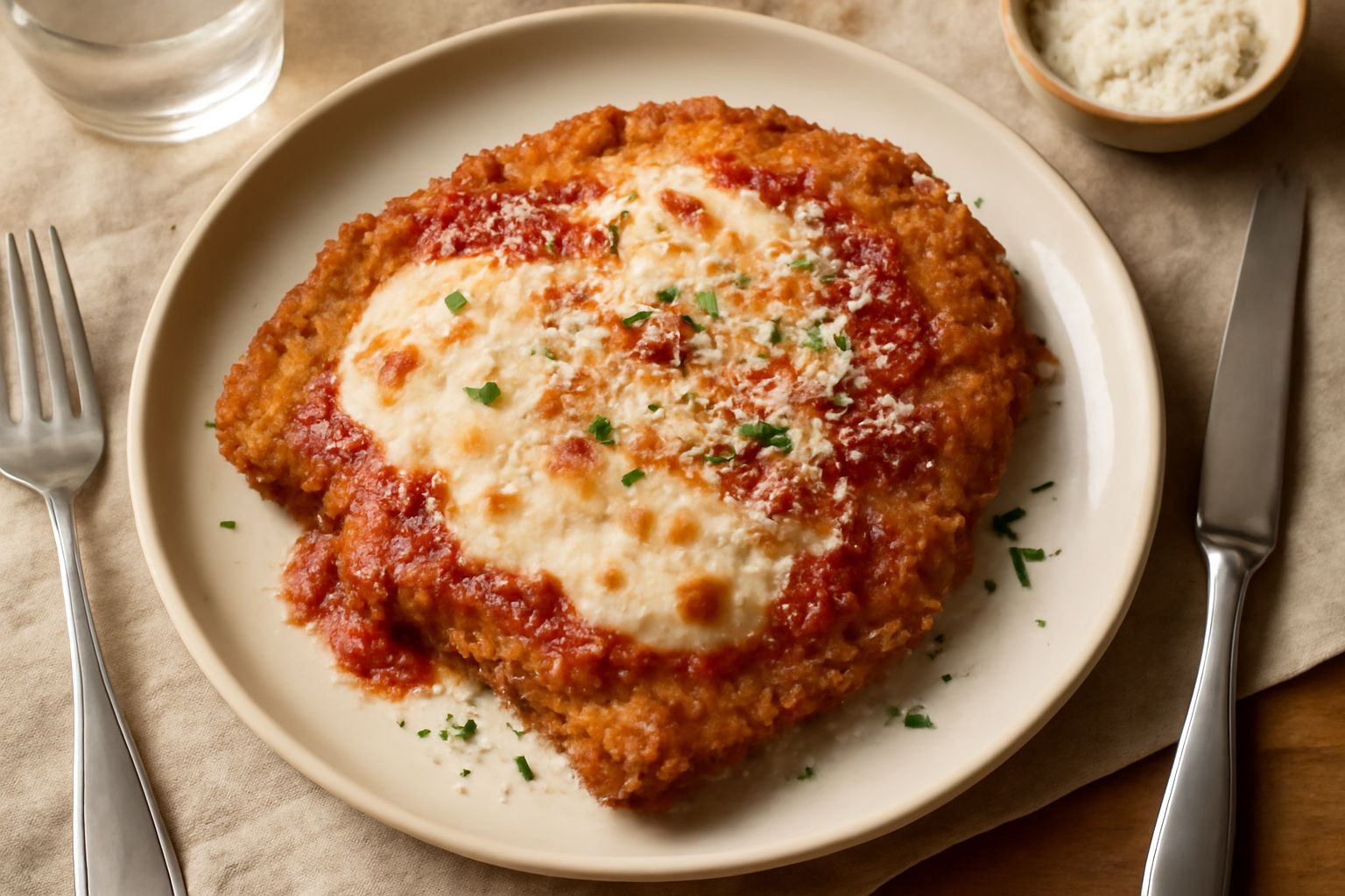 Cotoletta alla parmigiana dorata e croccante in piatto bianco, coperta di mozzarella filante e pomodoro rosso, bordo di parmigiano grattugiato, guarnizione di basilico fresco verde