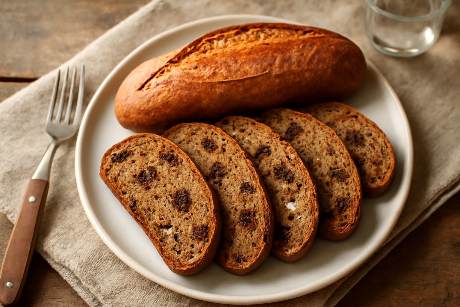 Pane dolce cuzzepa calabrese a fette, con crosta dorata, visibili all'interno fichi secchi scuri e pezzi di noce bianca, servito su piatto bianco con tovaglia lino naturale