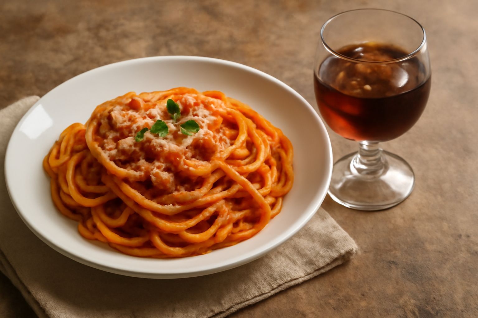 Bicchiere trasparente con Cynar amaro color ambrato, ghiaccioli brillanti, servito su tavolo di legno con foglia di carciofo fresco accanto e bottiglia sfocata sullo sfondo