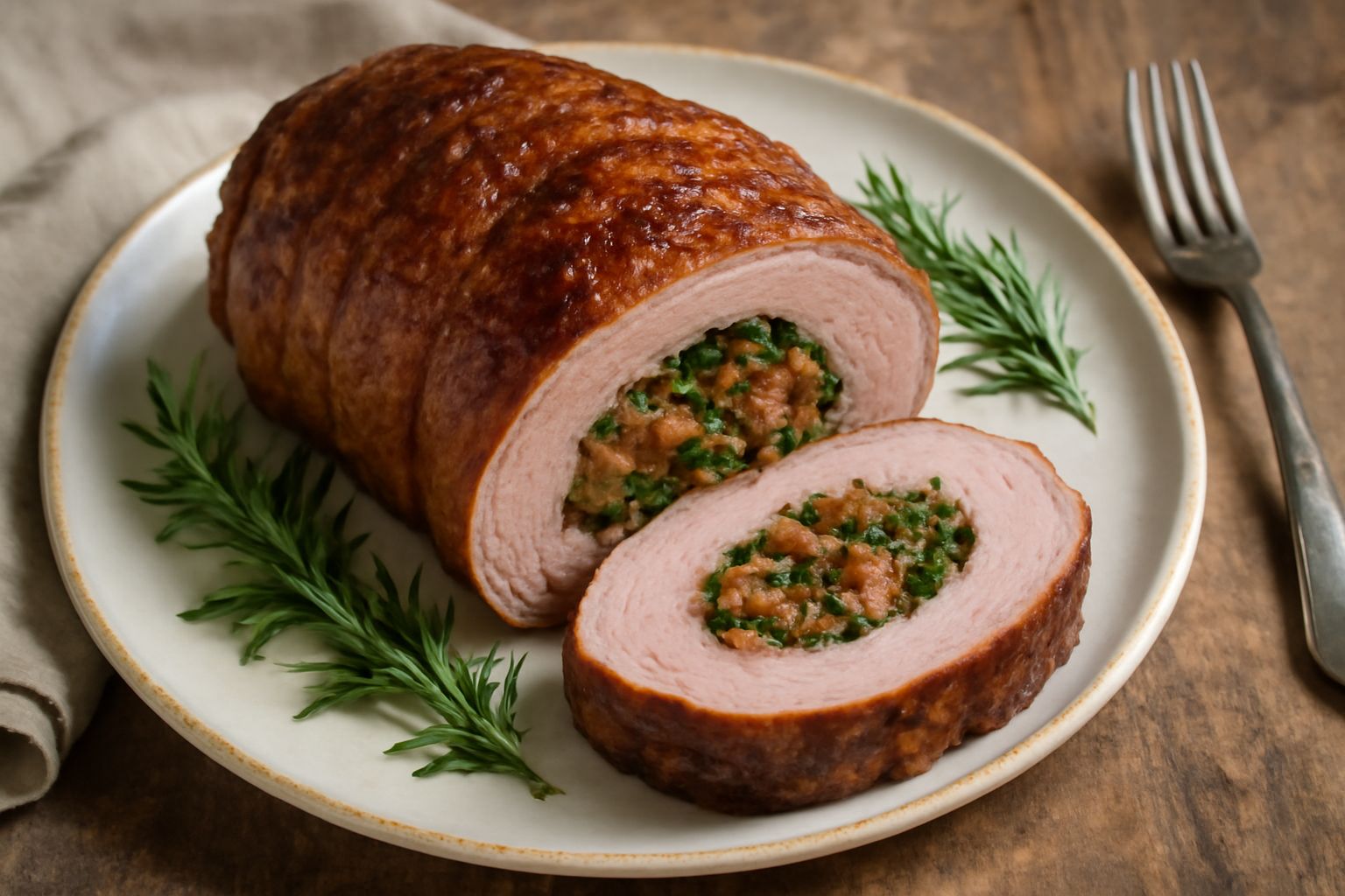 Daino ripieno cotto al forno, tagliato nel piatto bianco, che mostra la farcia interna di pancetta e verdure, circondato da salsa scura e contorno di verdure arrostite