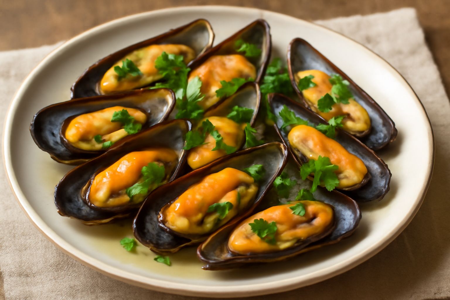 Datteri di mare cotti al vapore in una ciotola bianca, aperti e fumanti, con gocce di limone fresco e prezzemolo verde su un piatto grigio, con spicchi di limone giallo sul bordo