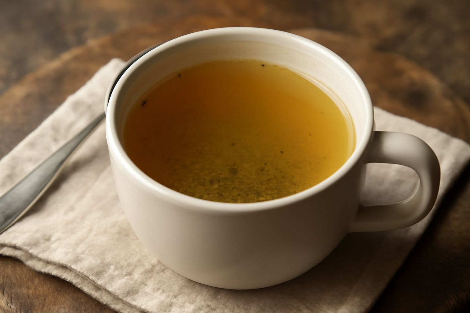 Una tazza di vetro trasparente riempita di decotto di assenzio dal colore giallo-ambrato, con erbe secche in infusione visibili sul fondo, servita su un piattino bianco con cucchiaino di legno accanto