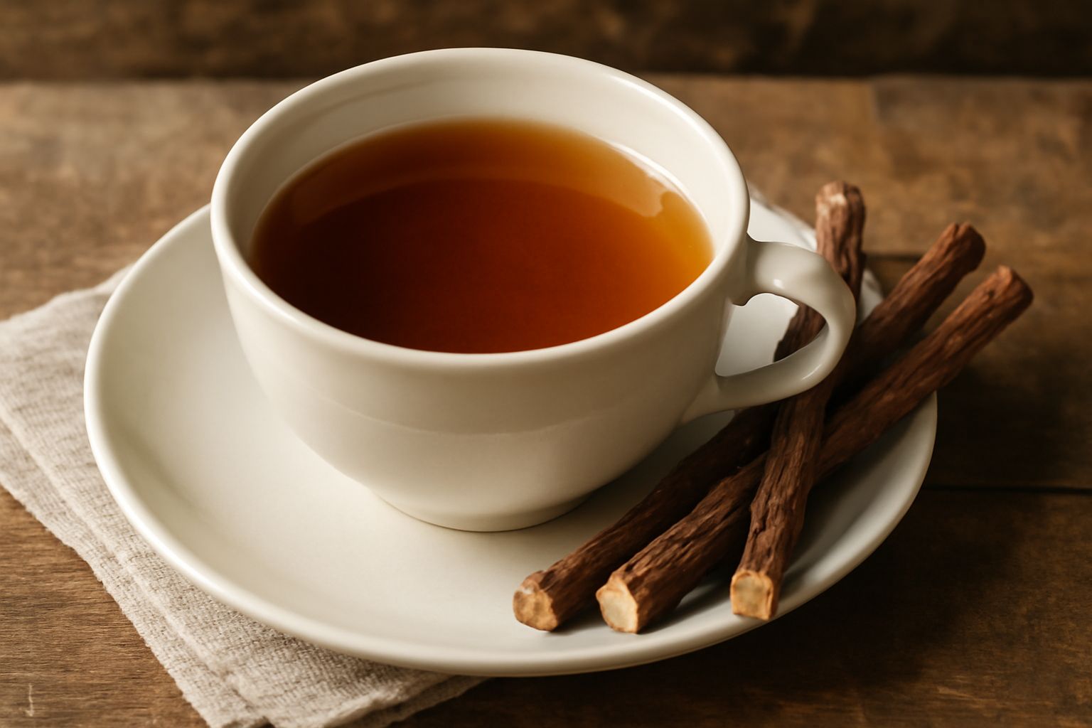 Una tazza di ceramica bianca con decotto di radice di liquirizia dal colore marrone dorato, vapore che sale dalla bevanda, piattino con radici di liquirizia secche accanto
