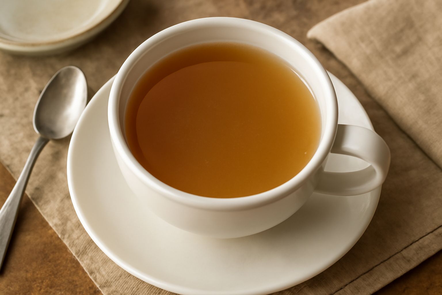 Una tazza di ceramica bianca con decotto d'orzo di colore nocciola chiaro, vapore caldo visibile, posata su un piattino con alcuni chicchi d'orzo sparsi accanto, luce naturale