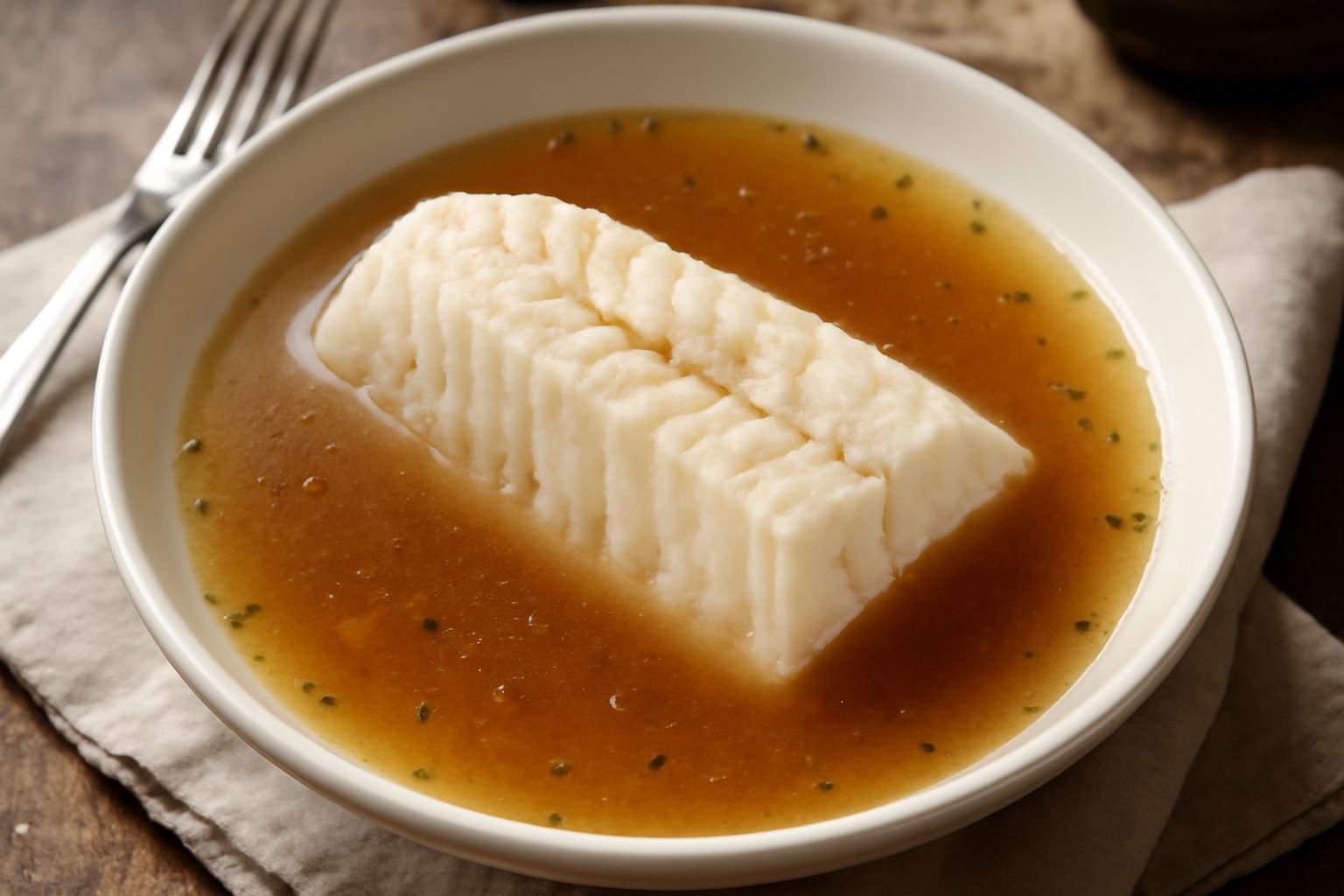 Filetto di dentale bianco e tenero servito in un piatto bianco fondo con brodo trasparente, contornato da fettine sottili di limone fresco e prezzemolo verde