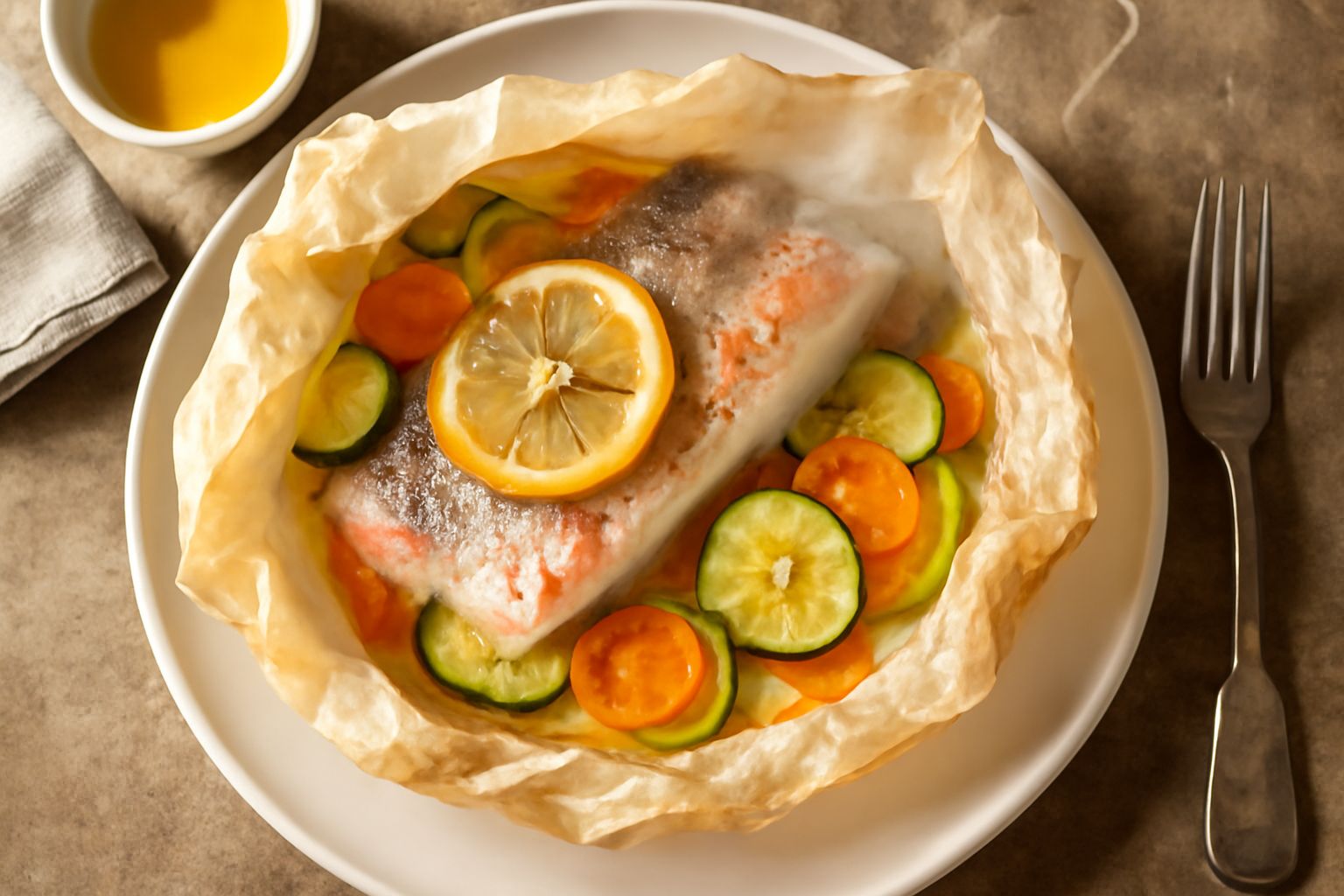 Un cartoccio di carta bianca appena aperto su un piatto, dentice intero con limone e erbe aromatiche visibili al vapore, contorno di verdure tagliate julienne, aglio e prezzemolo fresco
