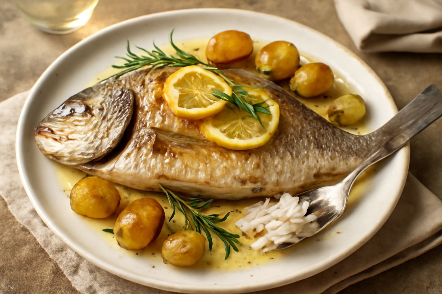 Dentice intero al forno su un piatto bianco, con pelle dorata e lucida, contornato da fette di limone fresco, rosmarino e olio d'oliva brillante, con contorno di verdure grigliate leggere