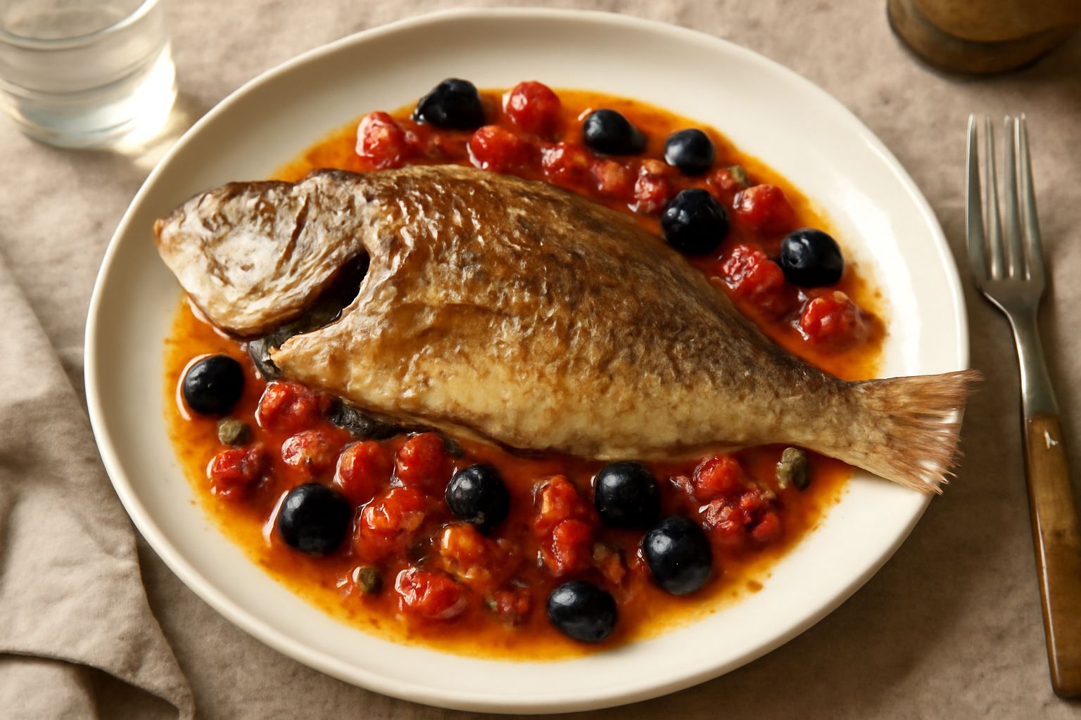 Dentice intero dorato al forno in una teglia bianca, circondate da pomodori rossi, olive nere e capperi, prezzemolo fresco e limone affettato