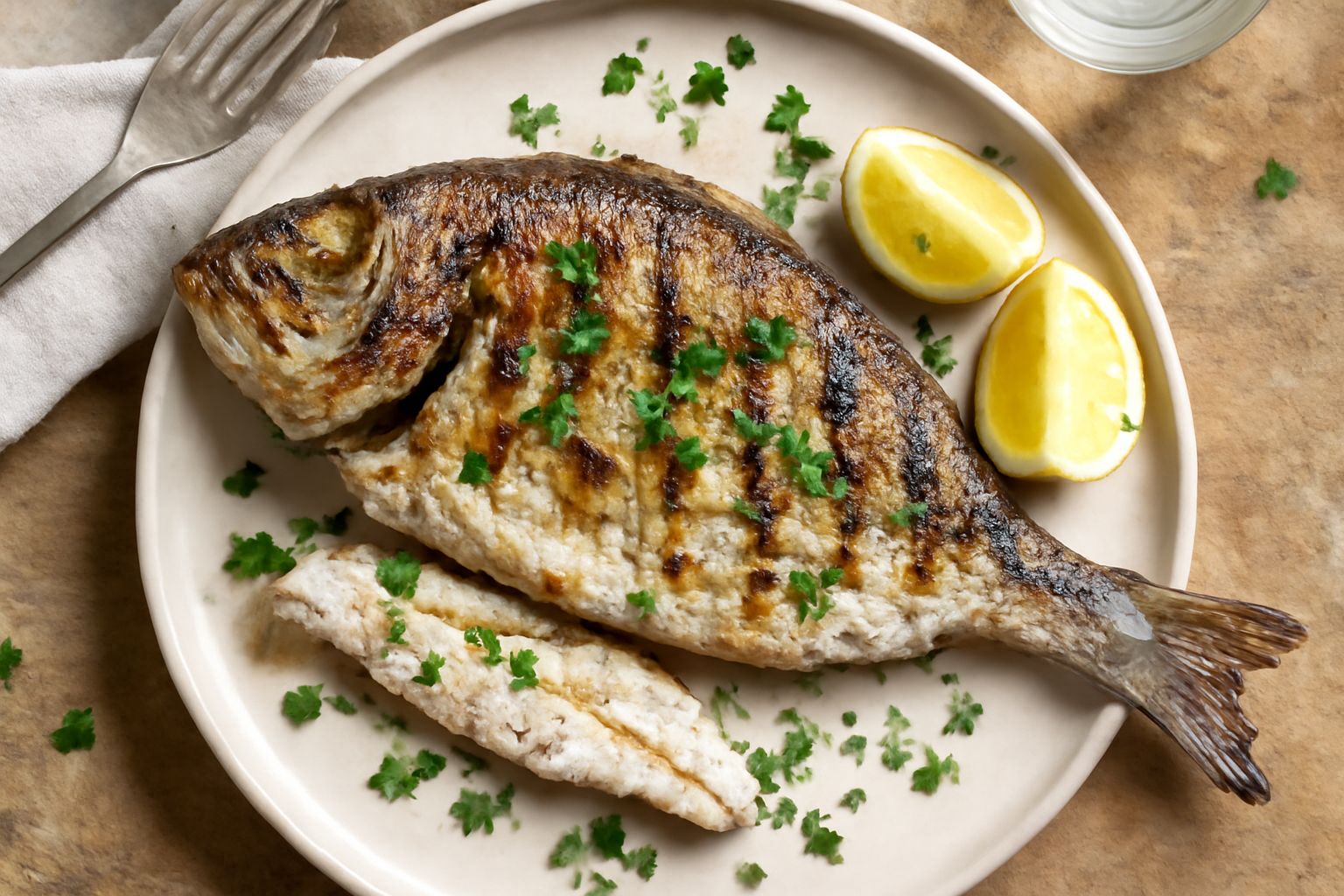 Dentice intero alla griglia dorato, su un piatto bianco, condito con limone, prezzemolo fresco e un filo di olio extravergine di oliva, con lime e erbe aromatiche al contorno
