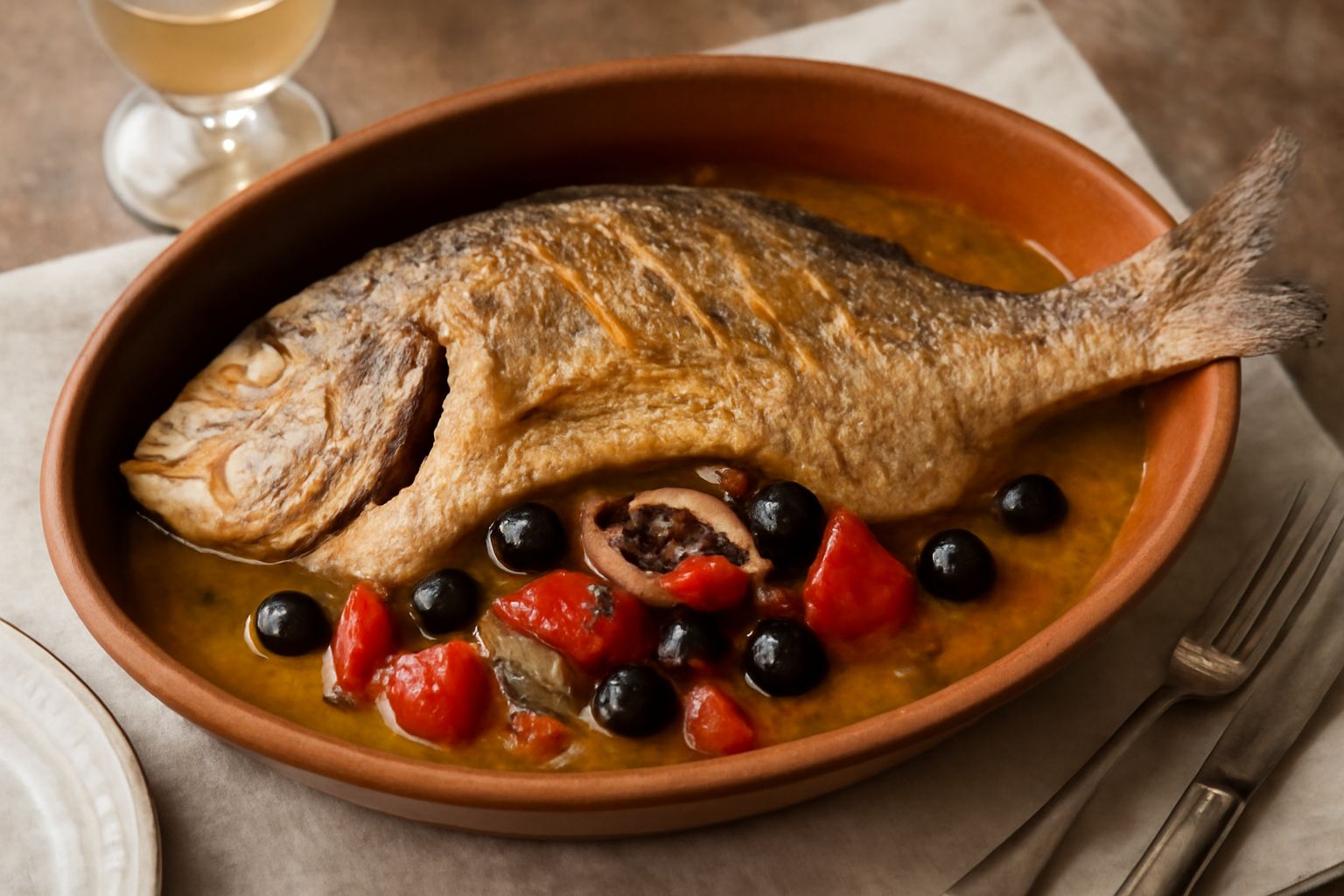 Dentice intero dorato al forno su un letto di pomodori rossi, olive nere e acciughe, contornato da erbe aromatiche fresche, in una pirofila di terracotta