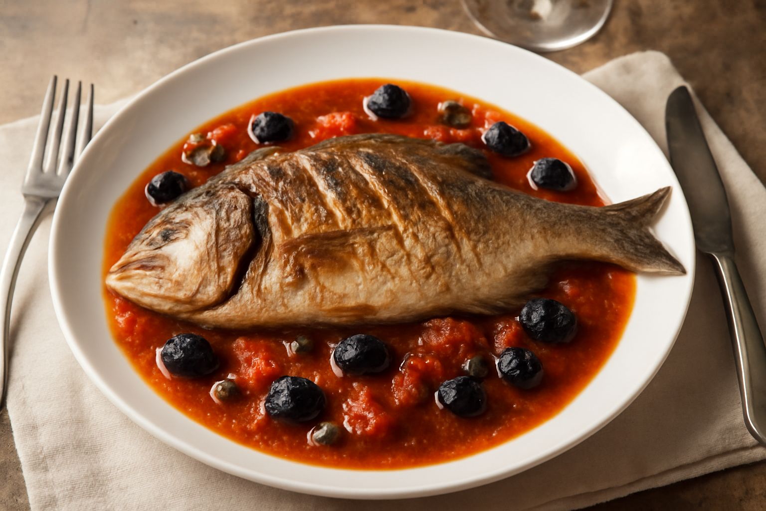 Dentice intero al forno dorato, contornato da pomodori rossi, olive nere e capperi, su un piatto bianco con un cucchiaio di sugo rosso attorno