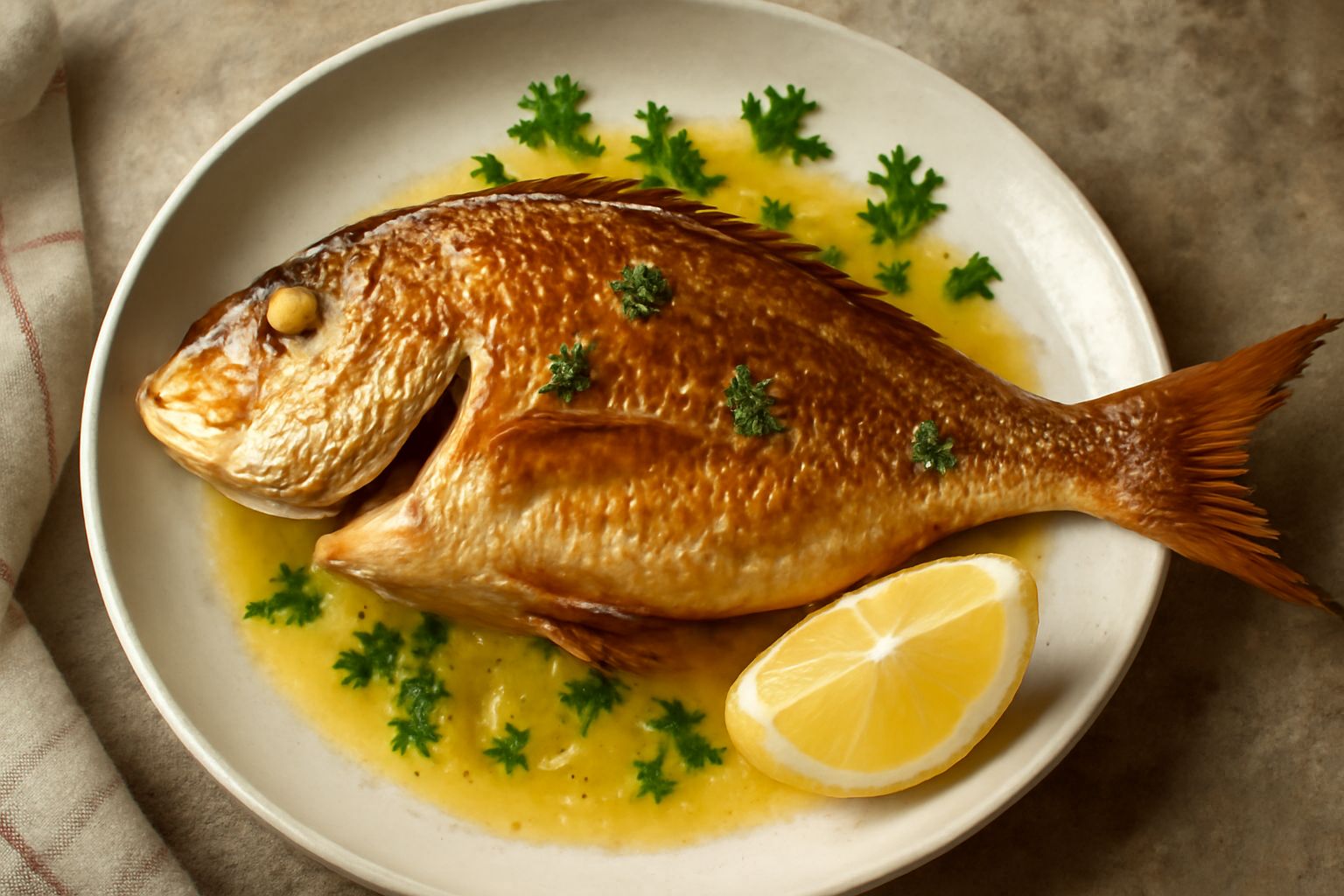 Dentice intero dorato in padella di ferro, coperto di gocce di burro fuso, contornato da prezzemolo fresco e spicchi di limone giallo, farina visibile sulla pelle croccante del pesce