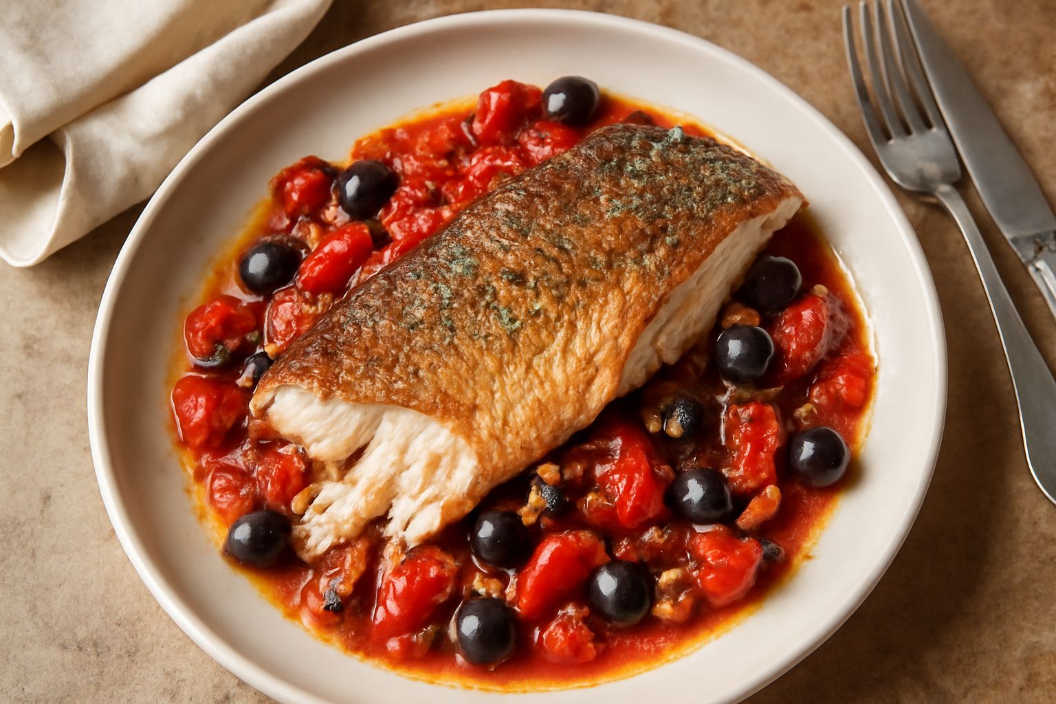 Dentice intero al forno dorato con pomodori rossi, olive nere e capperi sparsi attorno, guarnito con prezzemolo fresco su piatto bianco