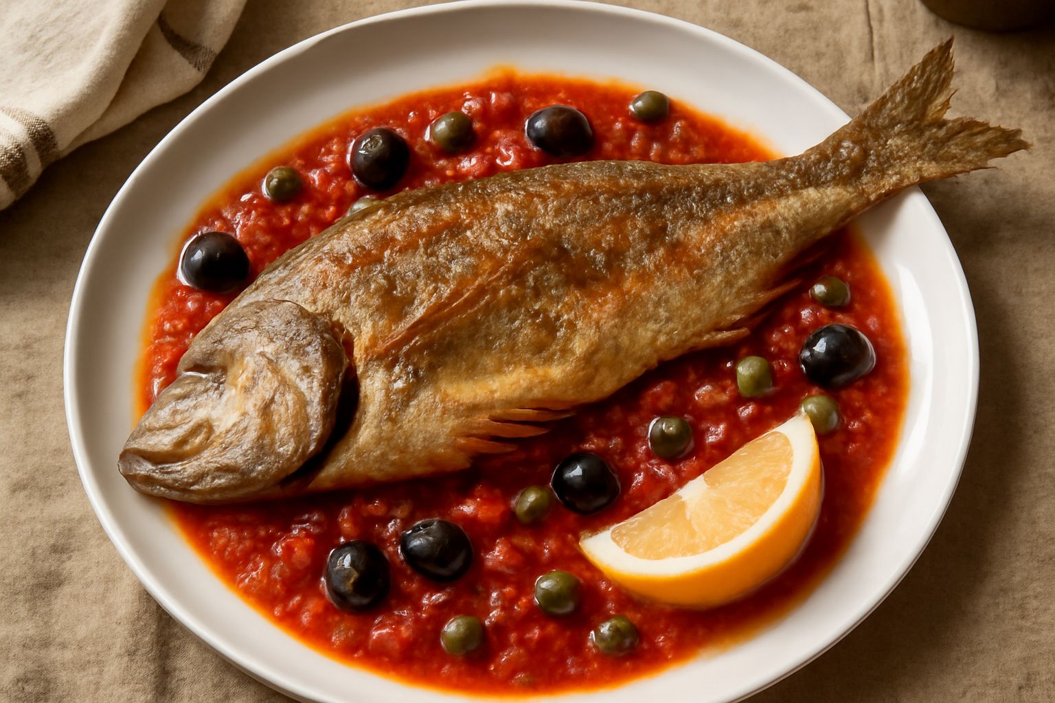 Dentice intero cotto al forno su piatto bianco, coperto da sugo rosso di pomodori, olive nere e capperi verdi, accompagnato da limone fresco affettato a fette