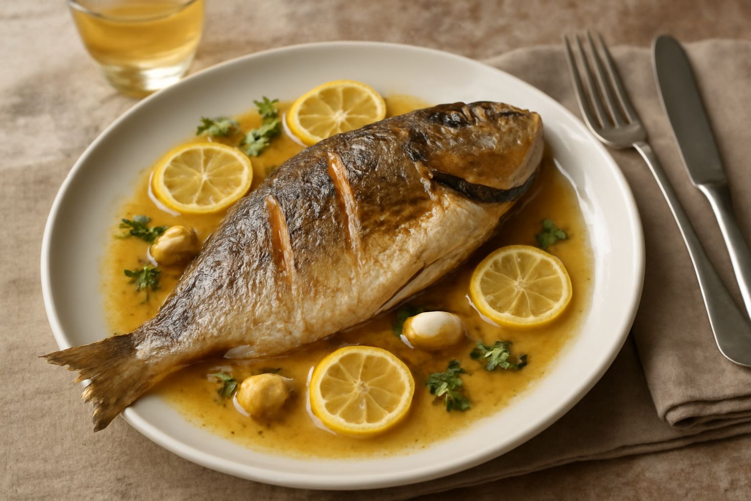 Un dentice intero dorato appena cotto in una teglia bianca, circondato da liquido di cottura ambrato, con fette di limone, prezzemolo fresco e sfumature dorate sulla pelle del pesce
