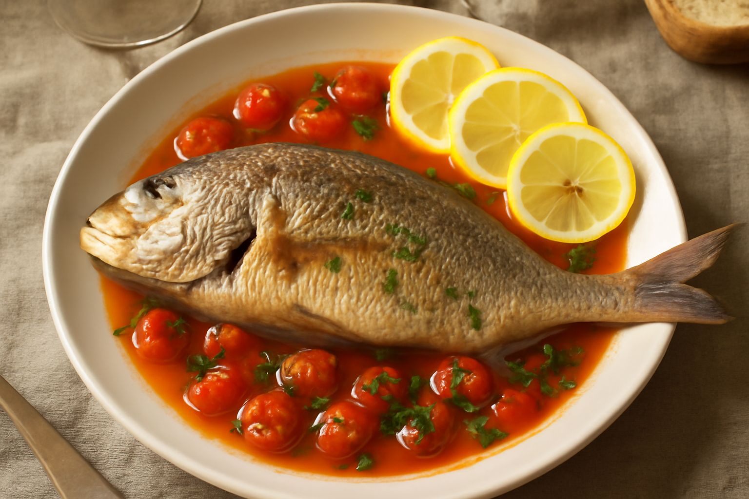 Dentice intero dorato in un piatto bianco, circondato da brodo rosso di pomodori, fettine di pomodoro fresco, aglio affettato e prezzemolo verde, con limone a fette sul bordo