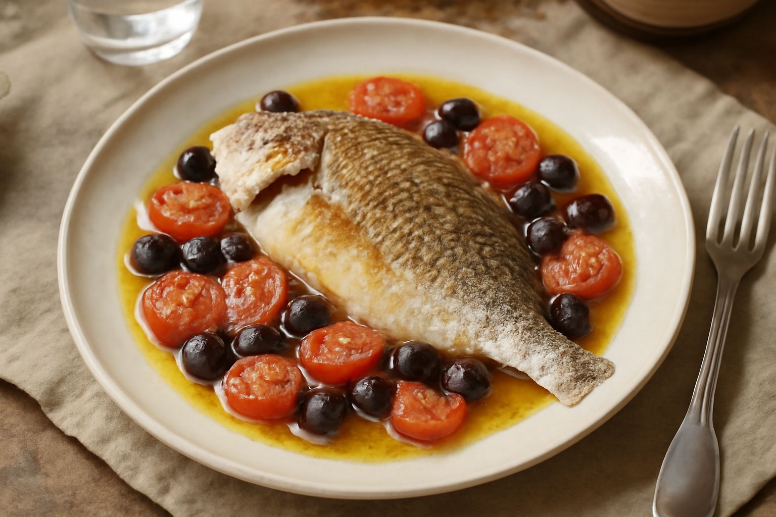 Un filetto di dentice dorato al forno su un piatto bianco, circondato da olive nere taggiasche e pomodori rossi tagliati a metà, condito con olio verde e prezzemolo fresco tritato