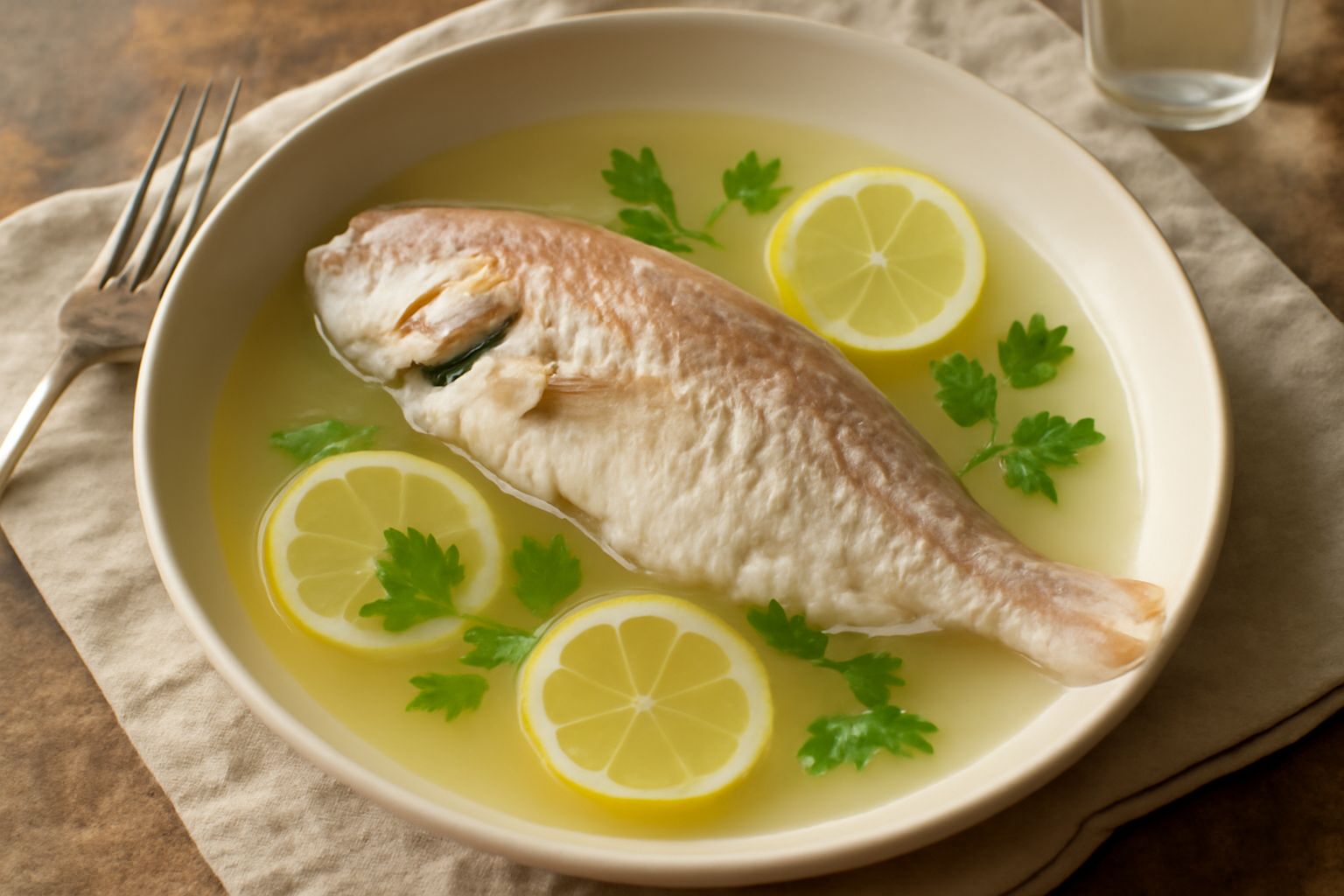 Dentice intero bollito bianco e rosato, adagiato in un piatto fondo con brodo trasparente, servito con limone affettato, erba cipollina e contorno di verdure bollite grigio-verdi