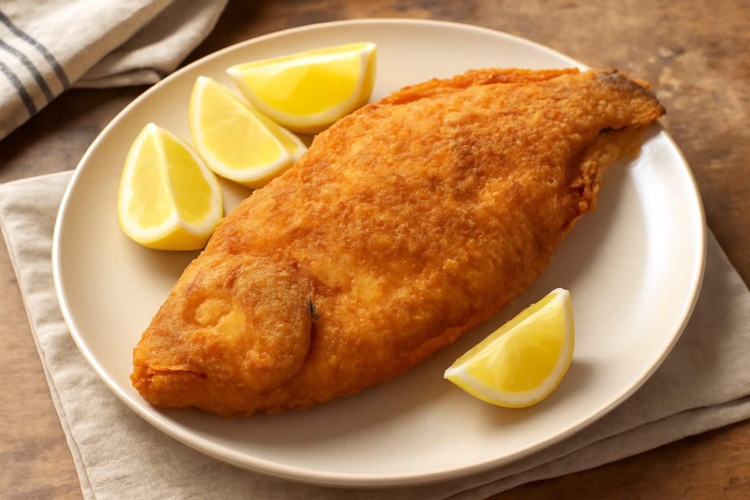 Dentice fritto intero dorato in crosta croccante, disposto su piatto bianco con fetta di limone e prezzemolo fresco, contorno di verdure grigliate sfocate