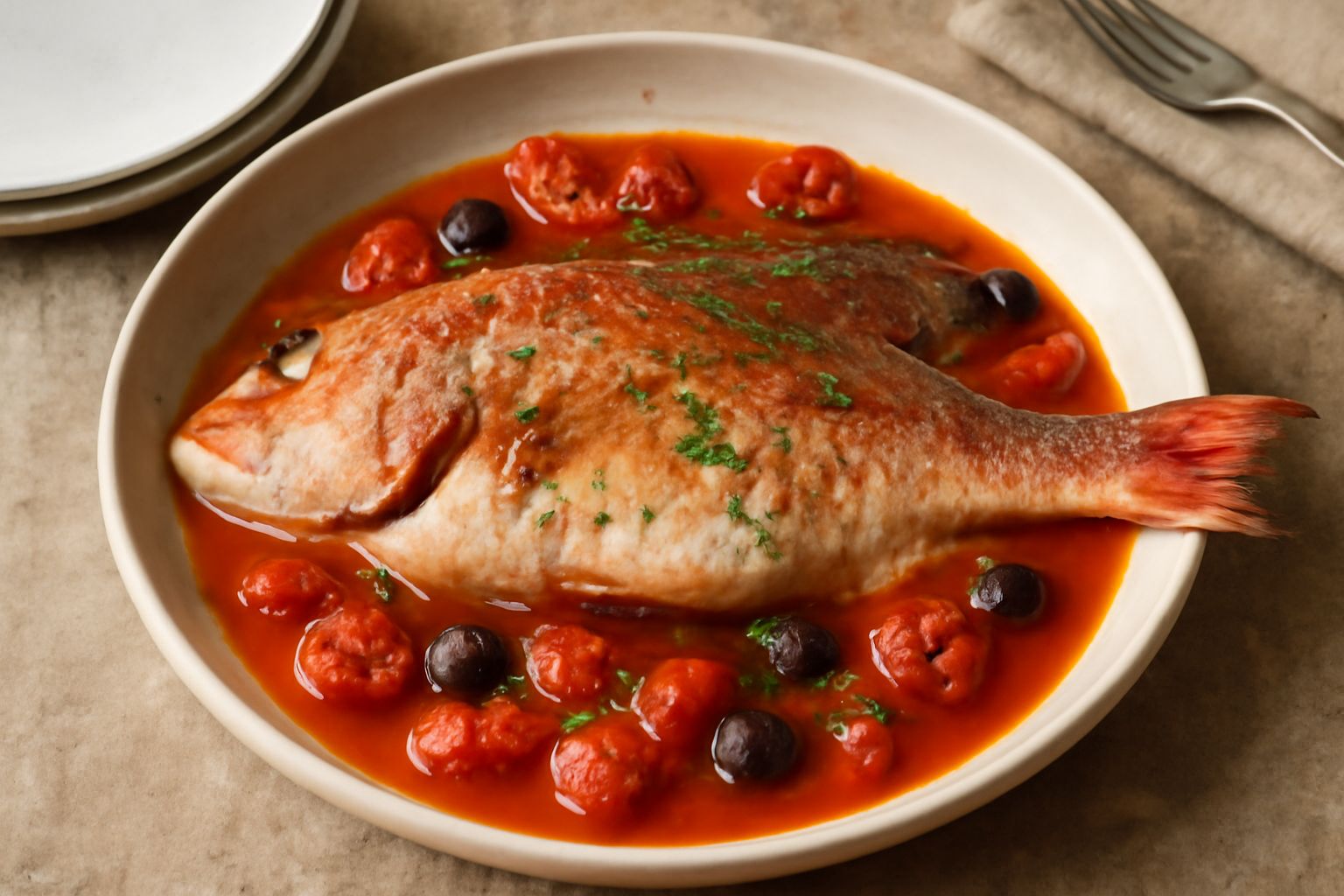 Dentice intero dorato in una teglia bianca, circondato da brodo rosso con pomodori, olive nere e prezzemolo fresco, servito con pane tostato
