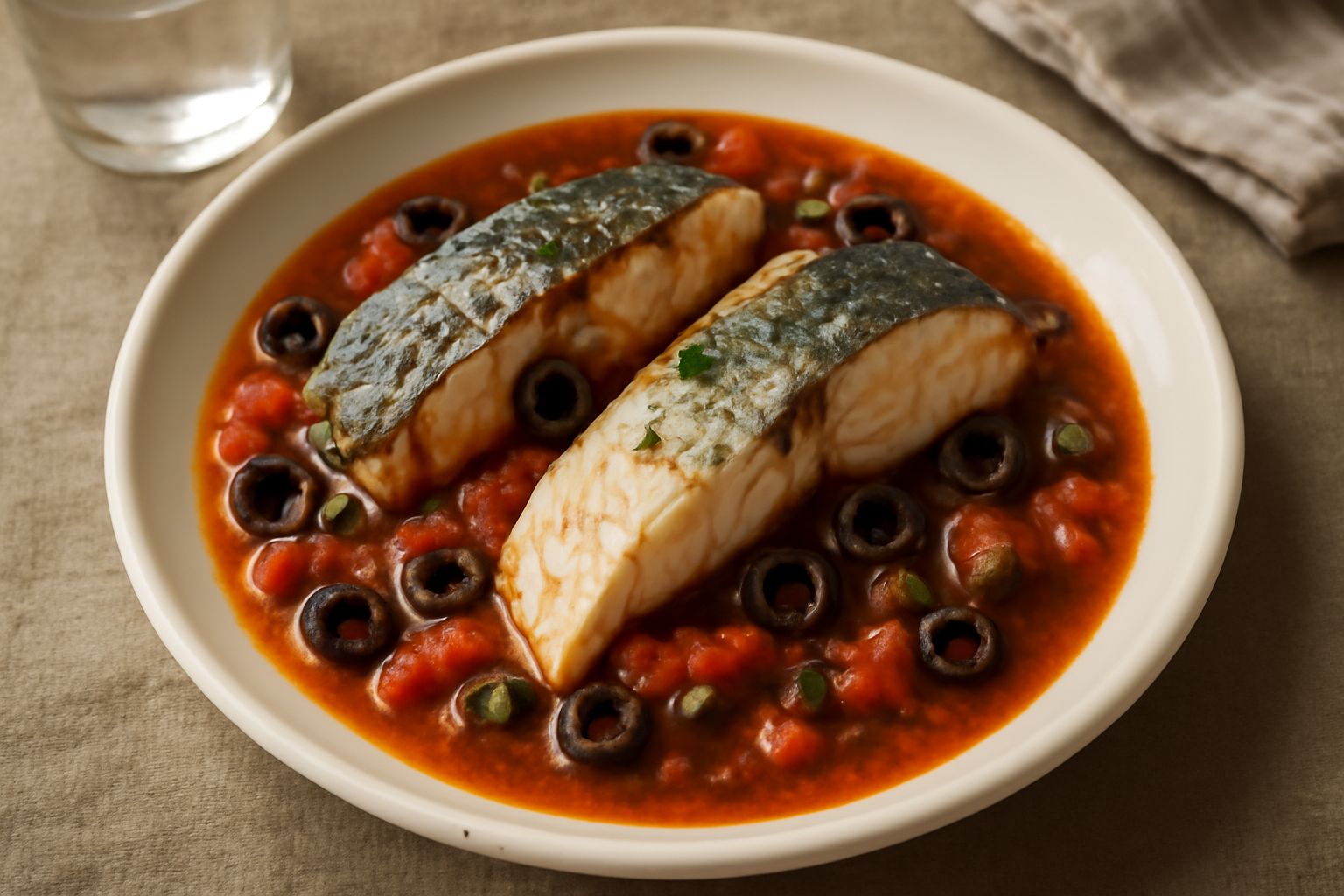 Dentice intero cucinato in umido, colore grigio azzurrognolo, coperto da salsa rossa con pomodori, olive nere e capperi verdi, servito in piatto bianco con contorno di verdure grigliate