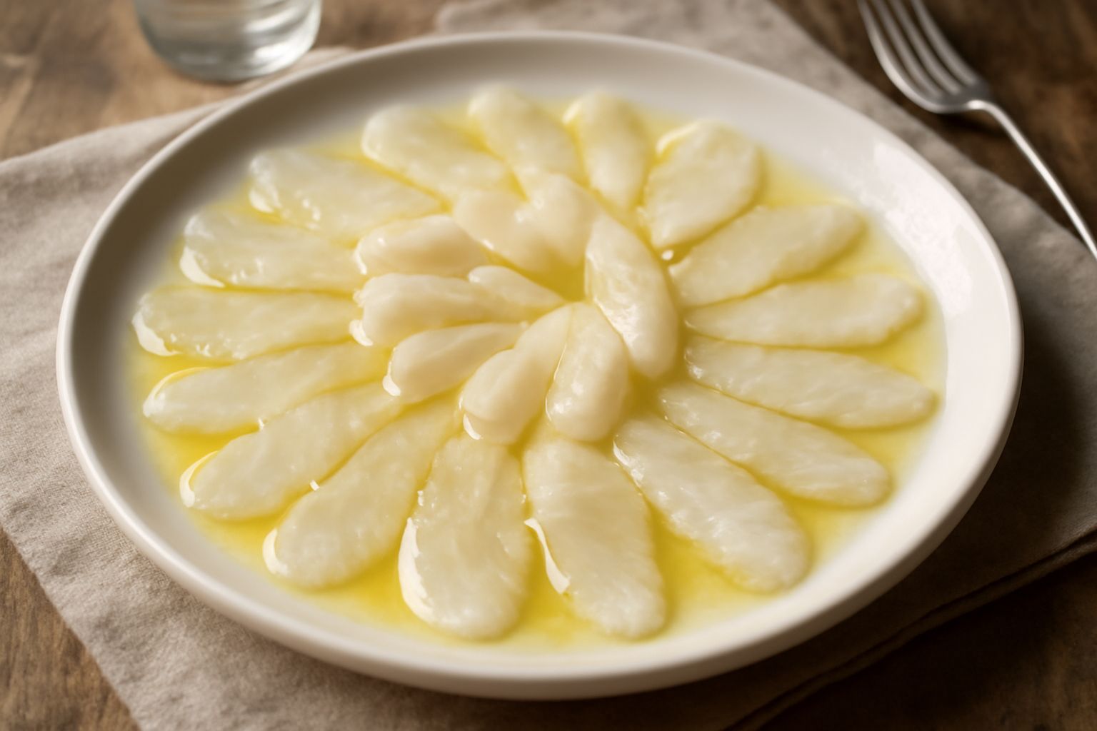 Fettine trasparenti di dentice bianco avorio disposte nel piatto, coperte di marinata gialla con fettine di limone sottili e prezzemolo verde fresco, gocce d'olio visibili