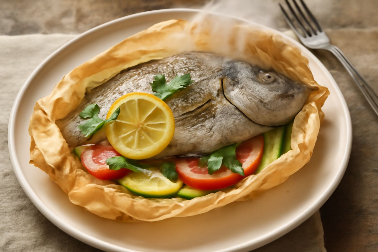 Dentico intero cotto in cartoccio aperto parzialmente, che mostra la carne bianca e compatta, con fette di limone, zucchine e pomodoro dentro, su piatto bianco