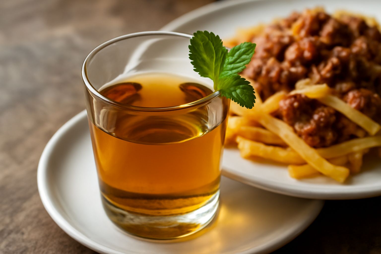 Bicchiere di vetro con digestivo alle erbe di color ambrato, con foglie di menta fresca e una fetta di limone, accanto a una bottiglia di vetro scuro con erbe essicate visibili